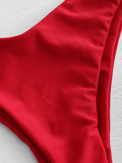 V-Neck Solid Color Bikini Swimsuit