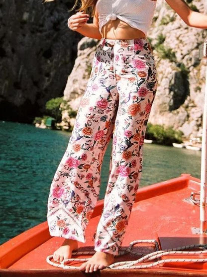 Pretty Floral Wide Leg Bottom Casual Pants