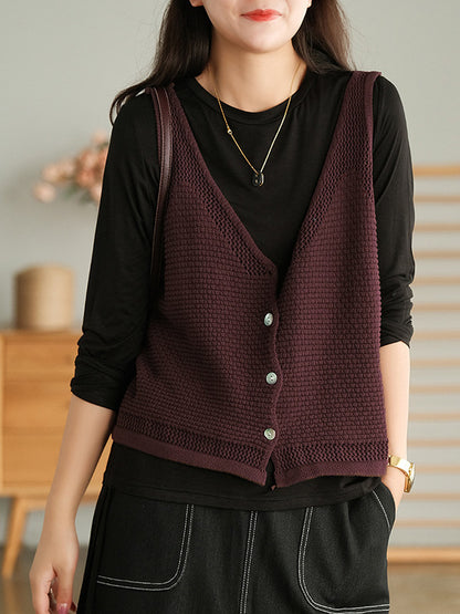 Simple Solid Color Buttoned V-Neck Hollow Vest Tops
