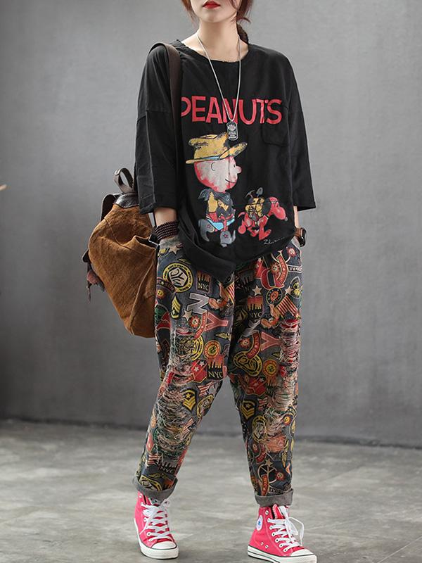Printed Mess Style Hole-with Loose Pants