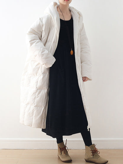Simple White Duck Down Over Knee Solid Color Zipper Hooded Down Wear Coat