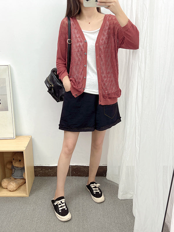 Loose Solid Color Linen Hollow Knitting Cardigan Top