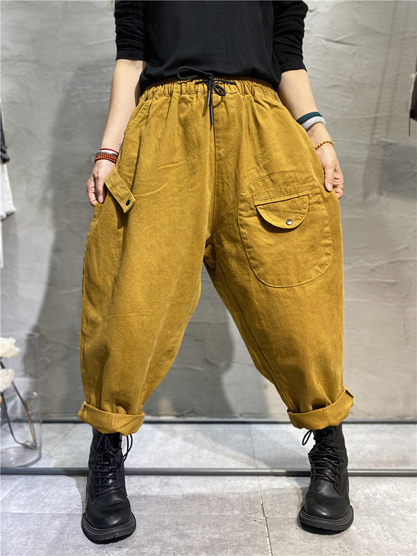 Casual Solid Color With Pockets Drawstring Harem Pants