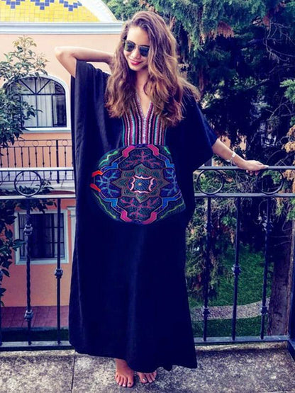 V-neck Embroidered Vacation Swimwear Cover-ups