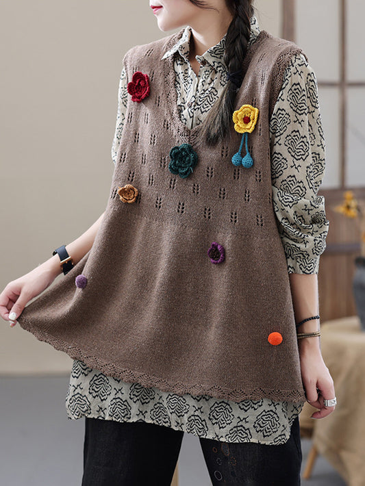 Vintage Knitting Sleeveless Applique V-Neck Vest Top