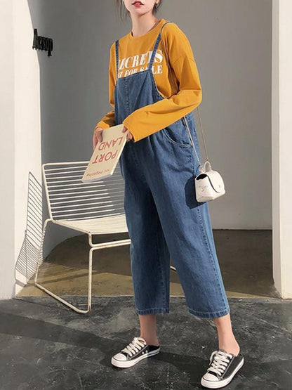 Maternity Elastic Waistband Spaghetti-neck Denim Jumpsuits