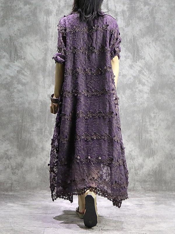 Loose Solid Hollow Flower Embroidered Maxi Dresses