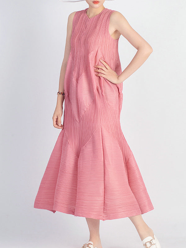 Casual Sleeveless Loose Pleated Solid Color Round-Neck Midi Dresses