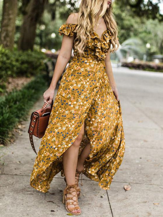 Spaghetti-neck Falbala Floral Maxi Dress