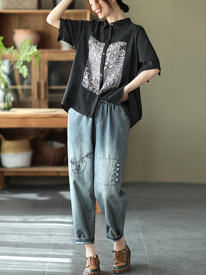 Original Ethnic Printed Lapel Shirt Blouse Tops