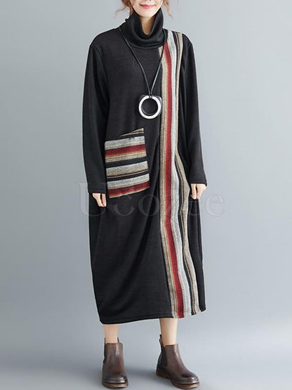 Casual Striped High-neck Midi Dress