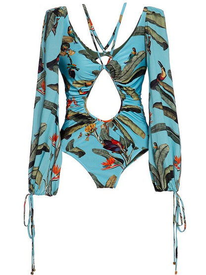 Sexy V-Neck Bandage Printing Long Sleeves One-Piece Swimwear