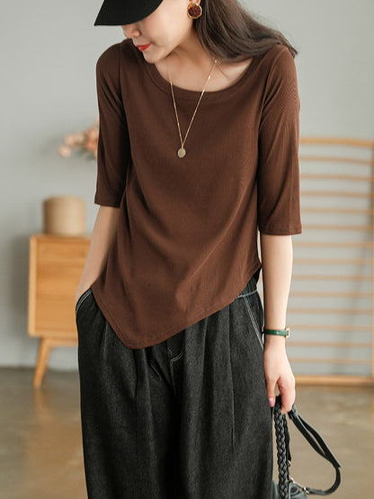 Simple Asymmetric Irregular Clipping Round-Neck Short Sleeves T-Shirt