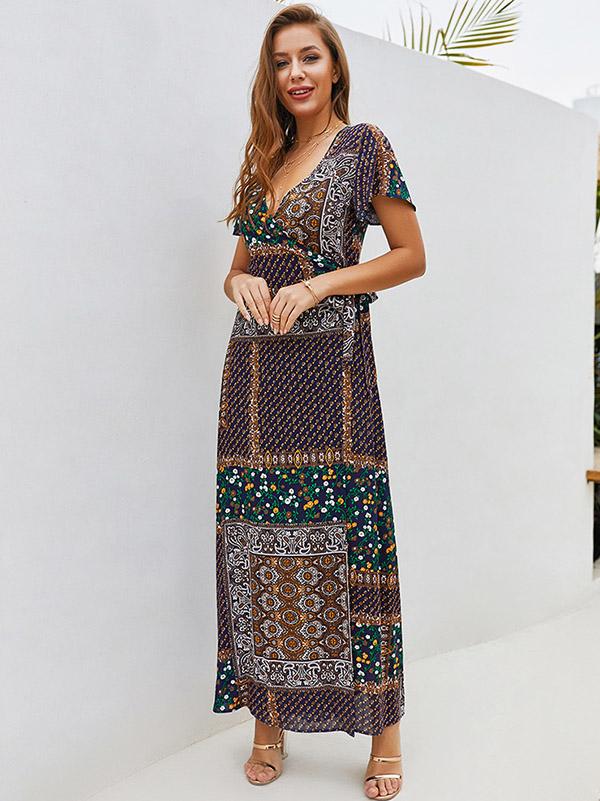 V-neck Short Sleeve Bohemian Dress