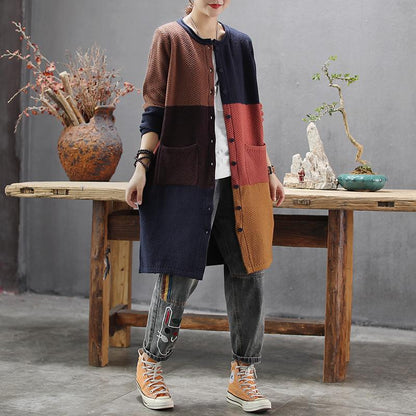 Buykud Retro Loose Colorblock Single-breasted Long Coat