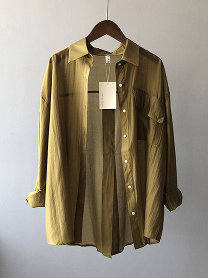 Casual Loose Solid Color Lapel Collar Long Sleeves Shirts