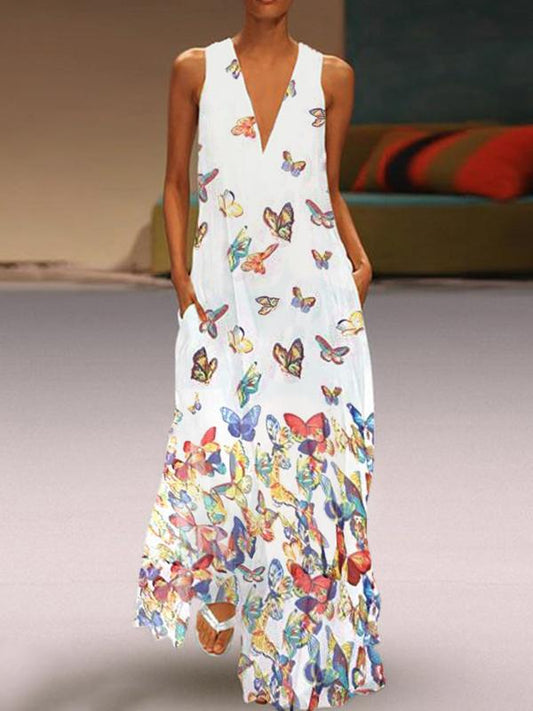 Butterfly Printed V-neck Maxi Dresses