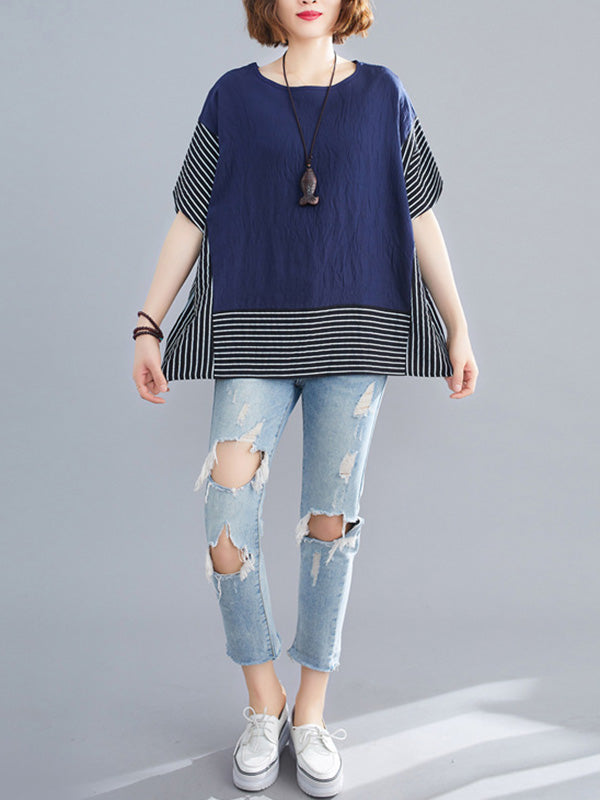 Vintage Ramie Cotton Striped Split-Joint Batwing Sleeves Round-Neck T-Shirt