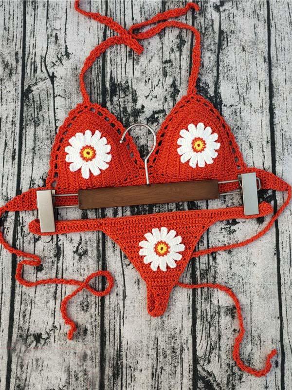 Crochet Floral Split Bikini Swimsuit
