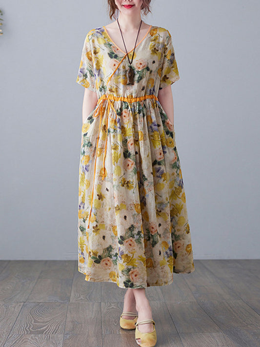 Original Artistic Retro Loose Tied Floral Printed Pleated V-Neck Short Sleeves Midi Dress