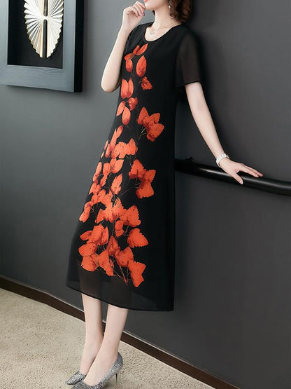 Chiffon Loose Leaves Print Dress