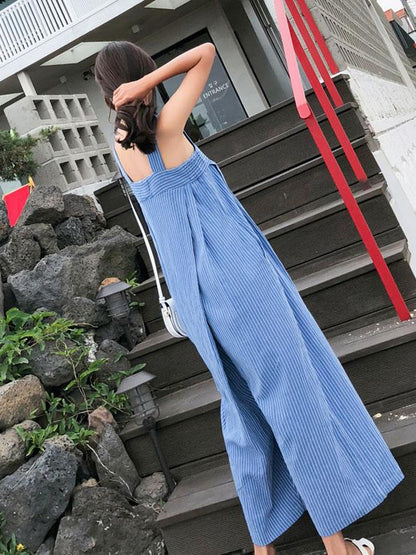 Blue Striped Sleeveless Wide Leg Jumpsuits