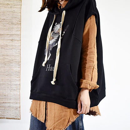 Buykud Casual Cartoon Cat Loose Sleeveless Hoodie
