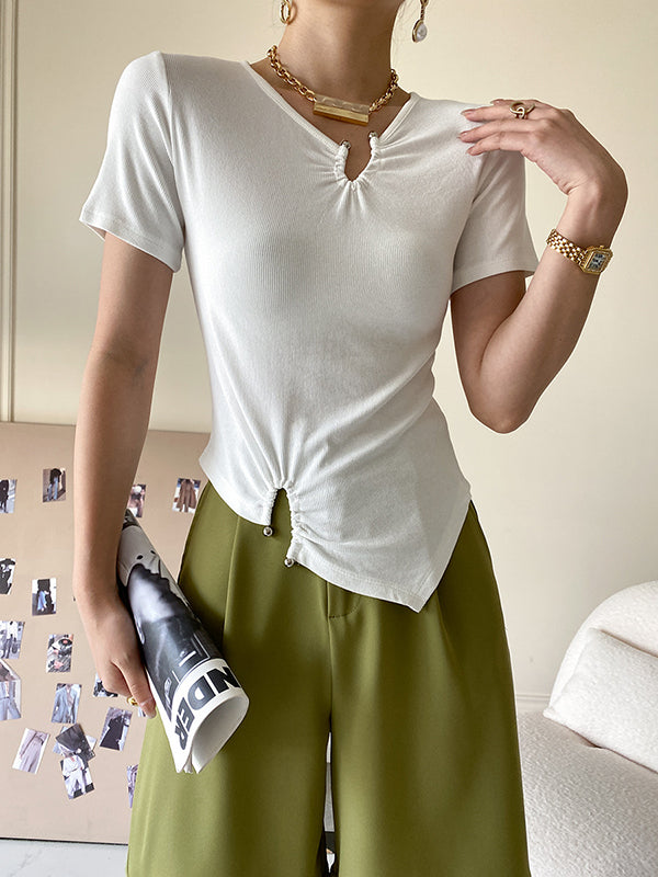 Original Casual Solid Color Pleated Skinny T-Shirt Top