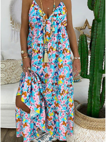 Beach V-neck Printed Spaghetti-neck Maxi Dress