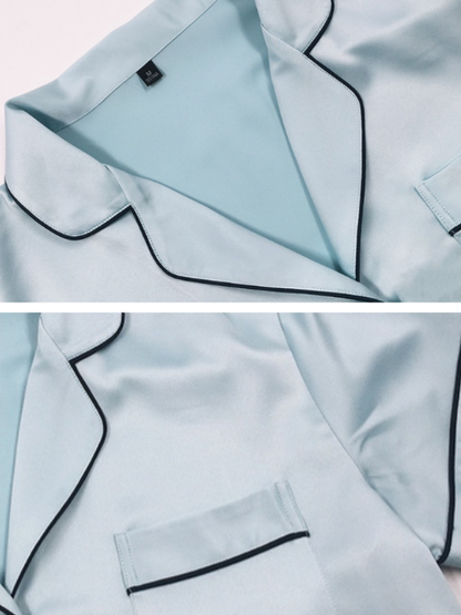 Casual Solid Color Notched Collar Short Sleeves Shirts+ Elastics Shorts Pajama