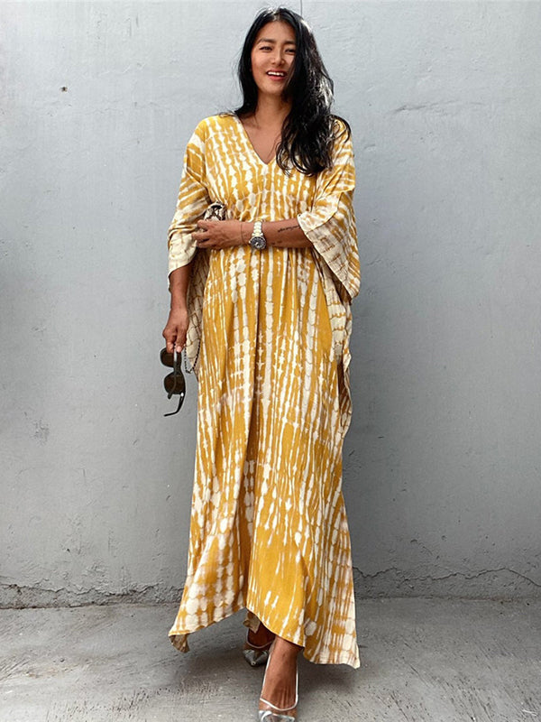 Bohemia Oversized Striped Printed Batwing Sleeves Cover-Up