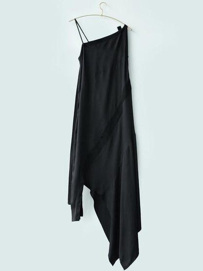 Simple Black Asymmetric Split-joint Long Dress