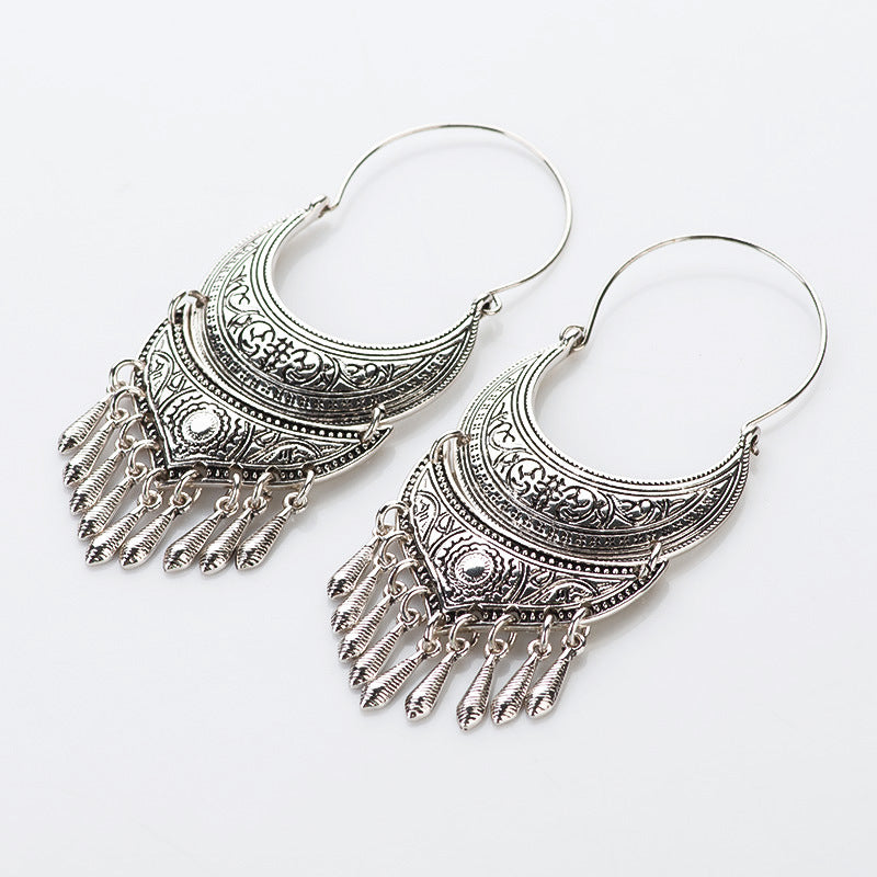 Moon sun pattern metal tassel Pendant Earrings