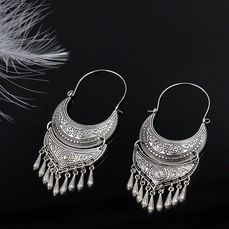 Moon sun pattern metal tassel Pendant Earrings