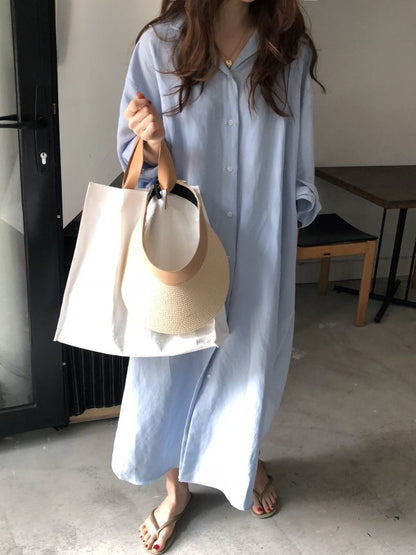 Simple Loose Casual Solid Color Buttoned Split-Side Lapel Collar Long Sleeves Midi Shirt Dress