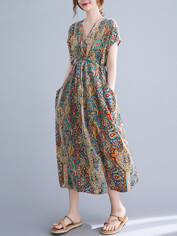 Original Artistic Retro Loose Floral Printed Vacation Midi Dress
