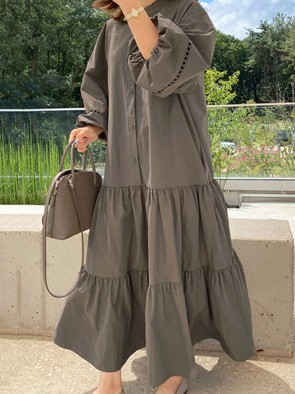 Casual Solid Color Pleated Buttoned Stand Collar Hollow Puff Sleeves Midi Dress