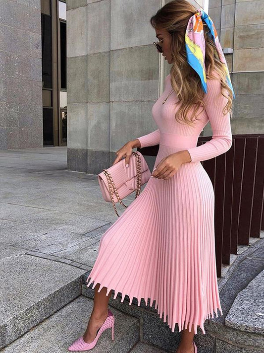 Solid Long-Sleeves Midi Dress