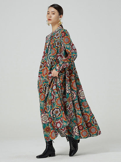 National Floral Printed Buttoned Pleated Stand Collar Long Sleeves Midi Dress