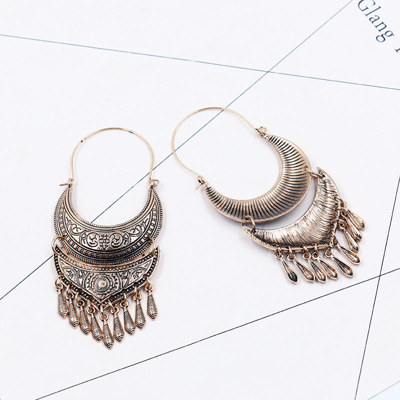 Moon sun pattern metal tassel Pendant Earrings