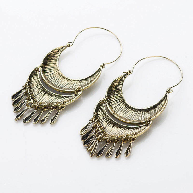 Moon sun pattern metal tassel Pendant Earrings