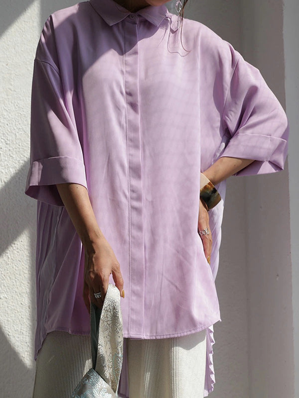 Stylish Solid Color High-Low Pleated Split-Joint Half Sleeves Blouse