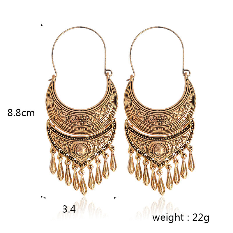 Moon sun pattern metal tassel Pendant Earrings