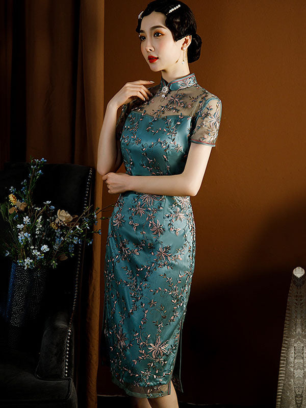 Vintage Tie-Dyed Hollow Beaded Split-Side Stand Collar Silk Cheongsam