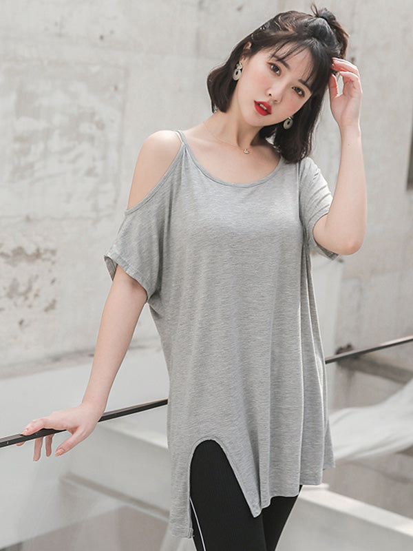 Casual Solid Color Asymmetric Cold Shoulder Spaghetti-Neck T-Shirt