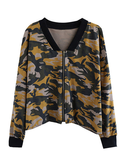 Casual Zipper V-Neck Camouflage Printed Long Sleeves Outerwear