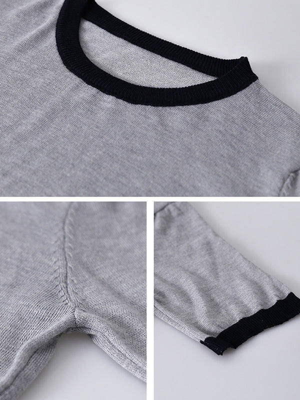 Casual Knitting Round-Neck Contrast Color T-Shirts Tops