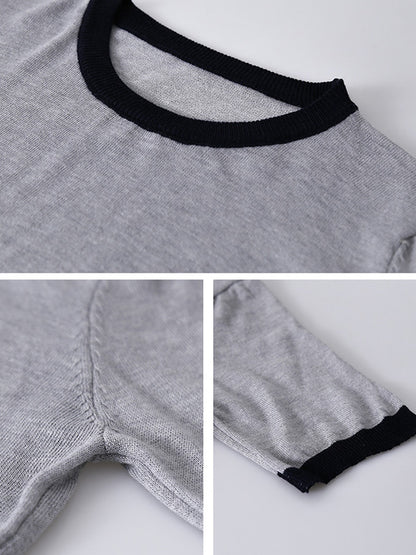 Casual Knitting Round-Neck Contrast Color T-Shirts Tops