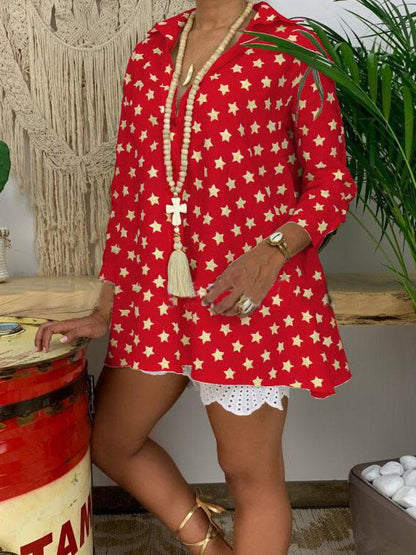 Lapel Star Printed Casual Blouses&Shirts Tops
