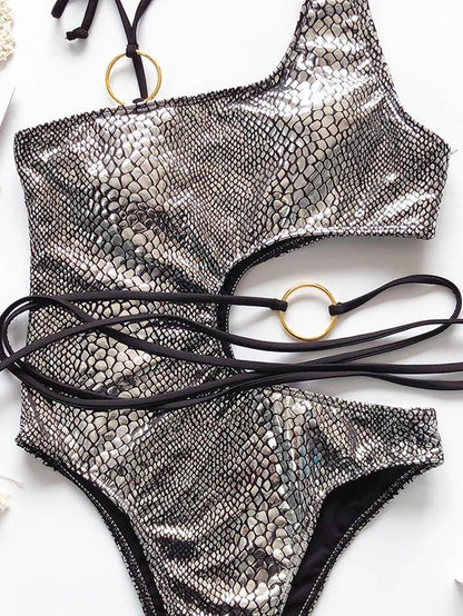 Snake-Print Asymmetric Bandage Split Bikini Swimsuit